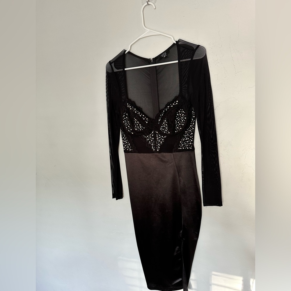 Black mesh diamond long sleeve Midi formal dress